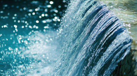 Rushing water flows over a rocky edge, creating a stunning waterfall that plunges into vibrant blue waters below. Gentle sunlight sparkles on the surface, enhancing the tranquil atmosphere.の素材
