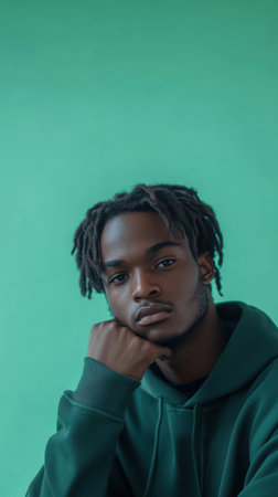 A young man with stylish dreadlocks rests his chin on his hand, gazing thoughtfully against a soft green backdrop, creating a serene and introspective mood.の素材