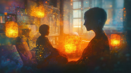 A family shares a serene moment together in a warm, glowing environment. Soft lanterns illuminate their faces, creating a dreamlike ambiance filled with love and connection.の素材