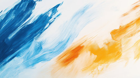 Vivid strokes of blue and orange paint sweep across a pristine white canvas, showcasing bold artistry. The abstract design evokes a sense of movement and energy, inviting contemplation.の素材