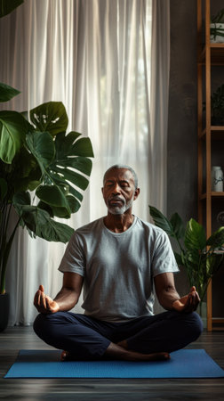 A senior man sits in a cross-legged position on a yoga mat, meditating peacefully in a serene room filled with vibrant plants and natural light filtering through curtains.の素材