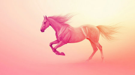 A dynamic silhouette of a horse galloping gracefully against a background infused with warm hues of sunset. The scene embodies freedom and elegance in motion.の素材