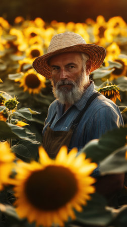 A farmer with a gray beard and straw hat stands in a field of sunflowers, showcasing his connection to the land. The warm light of dusk enhances the serene atmosphere, reflecting years of hard work.の素材