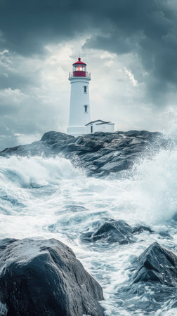 A sturdy lighthouse rises above jagged rocks, its red and white structure braving turbulent waves. Dark clouds hover ominously in the sky, creating a dramatic atmosphere.の素材