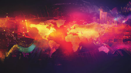 A vibrant representation illustrates the movement and trends of the Forex market, featuring globally recognized currency exchanges depicted in colorful data patterns.の素材