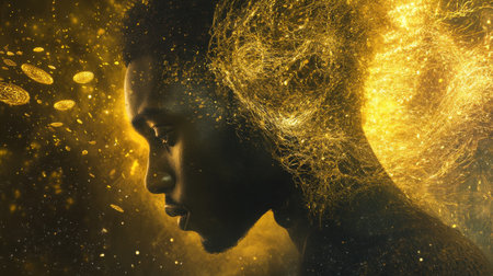 A mystical profile of a man is filled with golden energy and swirling cosmic elements, representing a connection between humanity and the universe.の素材