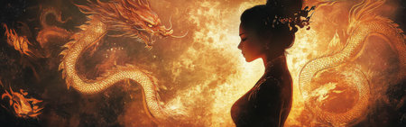 A glowing woman stands in silhouette, surrounded by an aura of fire and mythical dragons. The atmosphere is magical and intense, evoking a sense of wonder and mystery.の素材