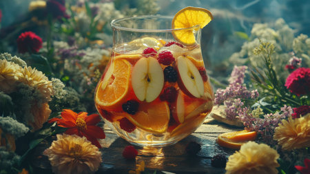 A glass pitcher filled with sangria features slices of orange alongside fresh berries, surrounded by blooming flowers in a sunny summer garden, creating a cheerful atmosphere.の素材