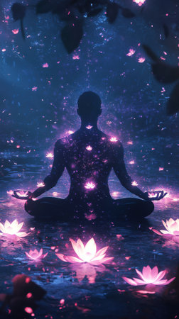 A man sits in a meditative pose surrounded by floating lotus flowers, illuminated by soft ethereal light. The tranquil atmosphere evokes a sense of peace and connection with nature.の素材
