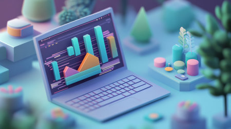 A laptop screen shows vibrant graphs and analytics representing online investment. Surrounding elements include stylized trees and geometric shapes, creating a serene atmosphere.の素材