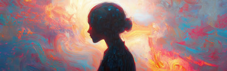 A painter is captured in a peaceful moment, glowing against a backdrop of swirling colors. The serene expression reflects creativity and inspiration in a tranquil setting.の素材