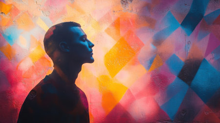 A calm man stands in profile, surrounded by a mix of vibrant colors and abstract shapes on a textured wall, creating a peaceful yet dynamic atmosphere at dusk.の素材