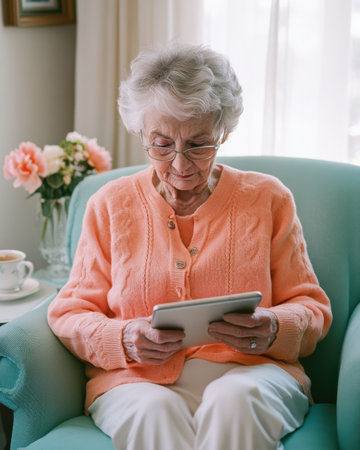In a bright and serene living room, an elderly woman in an orange sweater focuses on her tablet. She sits comfortably in an armchair, surrounded by flowers and a warm cup of tea.の素材