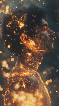 A man stands in profile, illuminated by a warm golden glow, surrounded by shimmering particles. The mystical atmosphere enhances the serene expression on his face, evoking a sense of peace.の素材