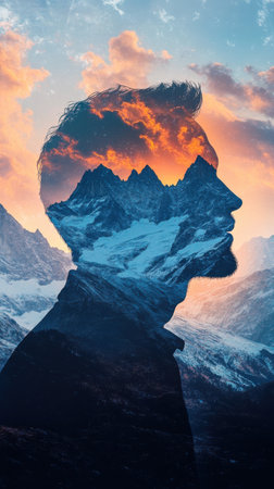 A serene profile of a man displays a stunning mountain range blended with vibrant sunset colors. The warm light emanates from the background, creating a harmonious scene of nature and reflection.の素材
