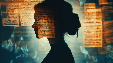 A woman stands in profile, her features softly illuminated by warm light. Surrounding her are faint impressions of ancient texts, creating a harmonious blend of illumination and wisdom.の素材
