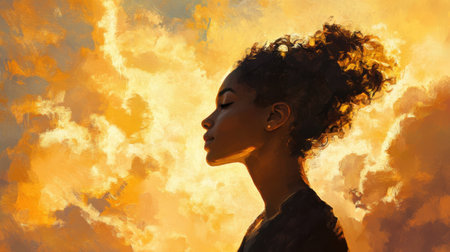A serene portrait captures a woman in profile, her glowing demeanor illuminated by the vibrant hues of a dramatic sunset sky filled with warm colors. The atmosphere exudes tranquility.の素材