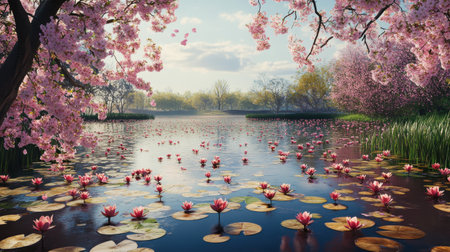 A tranquil pond reflects blooming lily pads, surrounded by vibrant cherry blossom trees. Spring colors create a peaceful atmosphere, inviting quiet reflection amidst nature's beauty.の素材