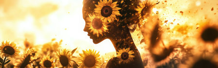 A woman shines with an ethereal glow, her silhouette adorned with vibrant sunflowers. The backdrop features a warm sunset, creating a dreamlike atmosphere filled with nature's beauty.の素材