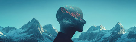 A tranquil silhouette of a man shines gently, surrounded by stunning mountains bathed in twilight glow. The scene captures harmony between the individual and nature's grandeur.の素材