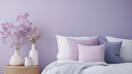 A well-designed bedroom features a soft lilac background, elegantly arranged pillows in various pastel shades, and a vase of delicate flowers all adding charm and tranquility.の素材
