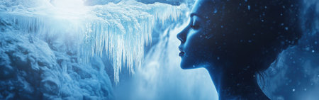 A woman radiates a mystical glow, set against an enchanting icy backdrop illuminated by soft blue light. The tranquil atmosphere highlights her serene profile in this surreal setting.の素材