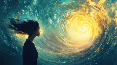 A woman stands in contemplation, her silhouette illuminated by a glowing cosmic vortex. This surreal moment captures the essence of introspection against a starry backdrop.の素材