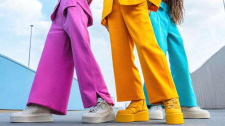 Three individuals display trendy streetwear outfits with oversized pants in bright pink, yellow, and teal, standing against a modern urban setting on a sunny day.の素材