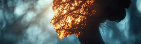 A captivating silhouette of a woman glows as intricate patterns of trees and light merge within her profile. This surreal moment captures the beauty of nature and inner light in a tranquil forest.の素材