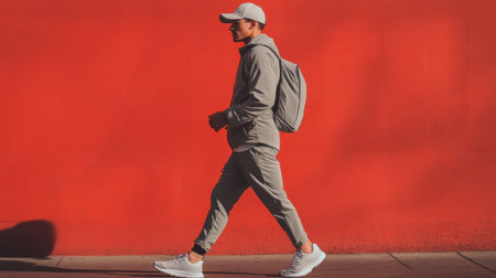 A man walks confidently in a sporty spring outfit, wearing a light gray jacket and matching pants while carrying a backpack. The vibrant red wall enhances the urban vibe.の素材