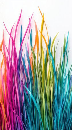 Brightly colored grass blades in shades of pink, blue, green, and orange create a visually striking arrangement. The vibrant hues blend harmoniously, showcasing nature's artistry.の素材