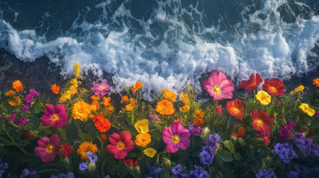 Colorful flowers flourish along the edge of a seaside cliff, contrasting beautifully with the blue waves crashing below. This stunning natural display occurs during the day in coastal scenery.の素材