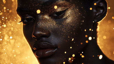 A model's face is artistically enhanced with golden glitter, set against a backdrop of glowing, vibrant bokeh lights. This surreal portrayal captivates with its dreamlike quality, emphasizing beauty.の素材
