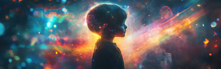 A young child stands with a serene expression, surrounded by a radiant array of colors and cosmic patterns. This moment captures the essence of joy and curiosity.の素材