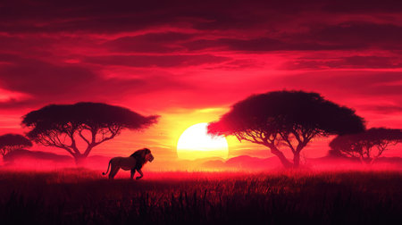 A glowing silhouette of a lion strides across the plains as the sun sets on the horizon, casting warm hues of red and orange in the night sky, framed by acacia trees.の素材
