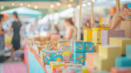 Families enjoy a lively craft fair filled with colorful booths offering a variety of hands-on activities for children. The atmosphere is bustling with excitement and creativity.の素材