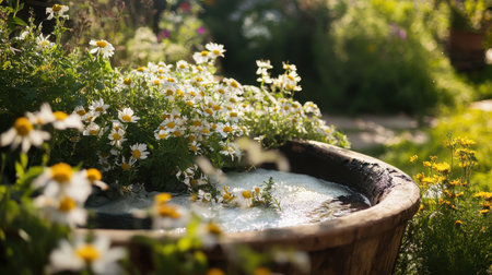 Eco-friendly spa features a serene mud bath surrounded by vibrant flowers and lush greenery. Guests immerse themselves in nature while enjoying rejuvenating treatments outdoors.の素材