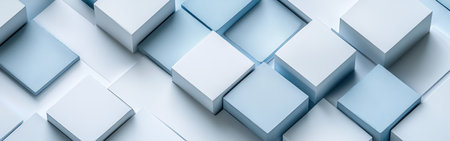 Geometric blocks in varying shades of blue and white are arranged in a balanced pattern against a clean white background. This setup enhances the serene aesthetics and modern appeal.の素材
