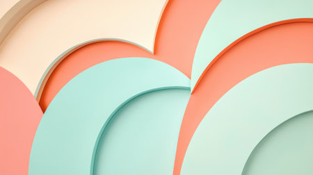 Curved pastel mint and coral arcs are arranged in an artful composition, showcasing a harmonious blend of colors in a stylish modern space. The design evokes a sense of calm and sophistication.の素材