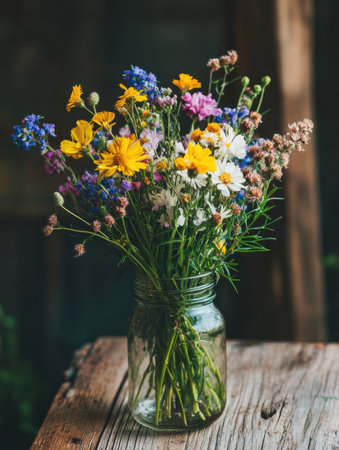 A vibrant bouquet of wildflowers fills a glass jar placed on a rustic wooden table. The colorful blooms create a cheerful atmosphere in a cozy indoor space, showcasing nature's beauty.の素材