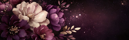 A beautiful arrangement of vibrant plum and champagne flowers surrounded by sparkles creates an enchanting atmosphere, ideal for celebrations or decorative purposes.の素材