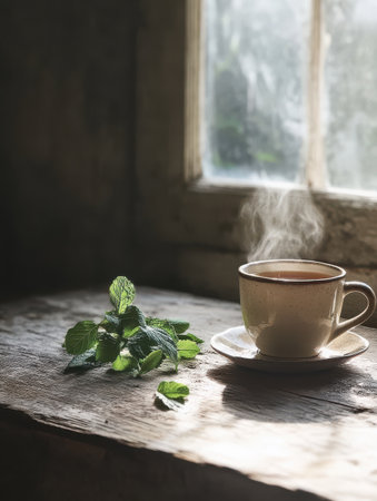 A close-up of a steaming cup of herbal tea placed on a rustic wooden table next to fresh mint leaves, illuminated by soft light from a nearby window, creating a warm atmosphere.の素材