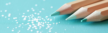 Three mint-colored pencils are aligned alongside a shimmering effect on a pastel background, showcasing simple elegance and creativity. This setup evokes inspiration through minimalism.の素材