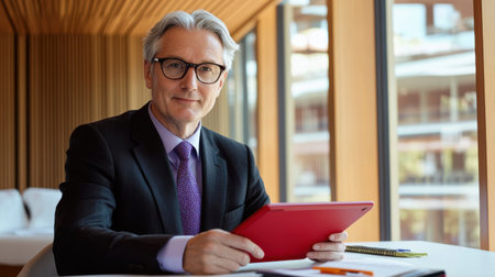 A middle-aged man with neatly combed hair sits confidently at a table, holding a tablet while surrounded by contemporary office decor. The atmosphere is professional and inviting.の素材