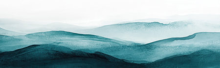 Soft pencil strokes create a gentle gradient in muted teal, depicting a tranquil landscape of distant mountains. The atmosphere evokes calmness and serenity, enhancing the natural beauty.の素材