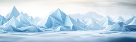 A captivating low-poly landscape features sharp mountain peaks in icy blue tones, creating a serene atmosphere. The soft sky adds to the tranquil beauty of the scene.の素材