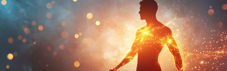 A man stands serenely with a radiant glow emanating from his being. The backdrop features soft colors and luminous orbs, creating a tranquil ambiance that enhances his presence.の素材