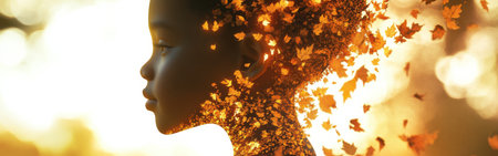 A child stands in profile with a gentle expression, surrounded by falling autumn leaves. The warm light of sunset enhances the connection between nature and childhood innocence.の素材