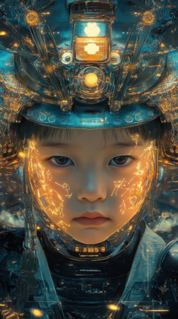 In a captivating display, a child's face merges with intricate technology elements, reflecting creativity and a glimpse into the future.の素材
