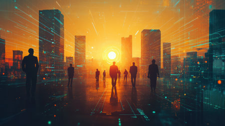 Silhouetted figures stand in a futuristic city, providing a striking contrast against a vibrant sunset. Digital elements enhance the sense of innovation and progress in this scene.の素材